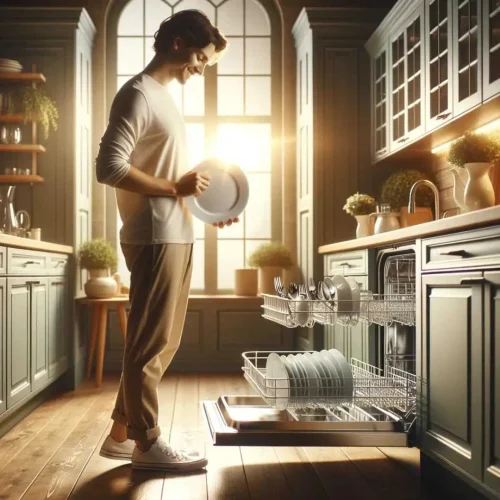 Customer happily unloading clean dishes from a dishwasher in a sunny, modern kitchen, signifying efficient an dishwasher repair service carried out by swift appliance repair