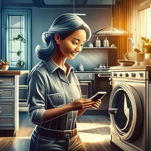 lady using a mobile phone to book an engineer visit to repair a kitchen appliance